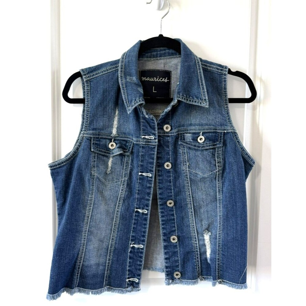 Maurices Distressed Denim Vest Size L Women's Blue Buttons Cotton/Spandex